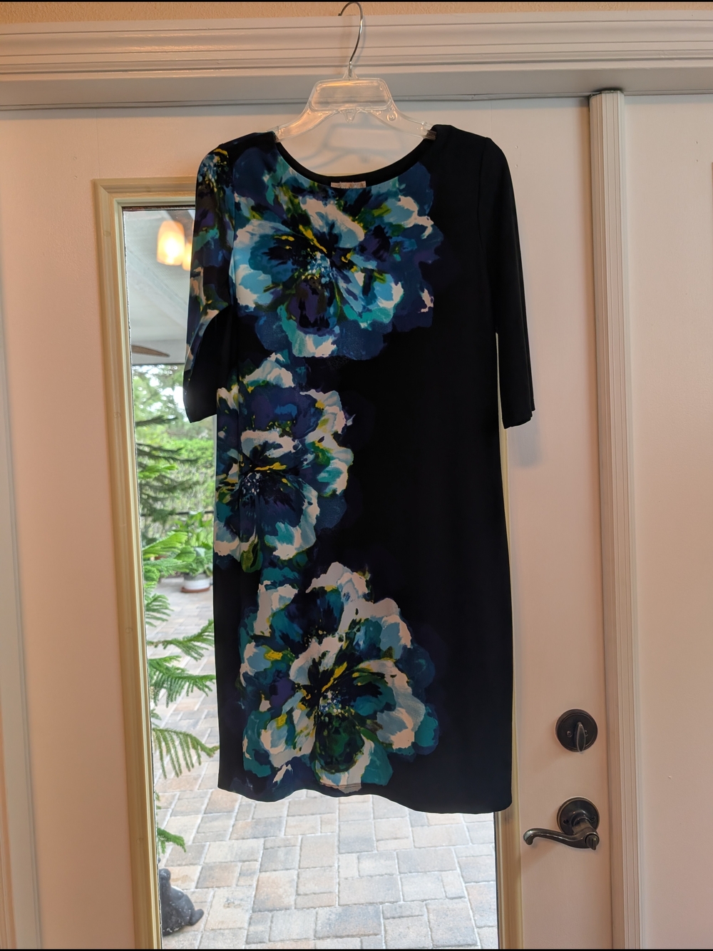 dressbarn Black Midi Dress with Blue Floral Cascade